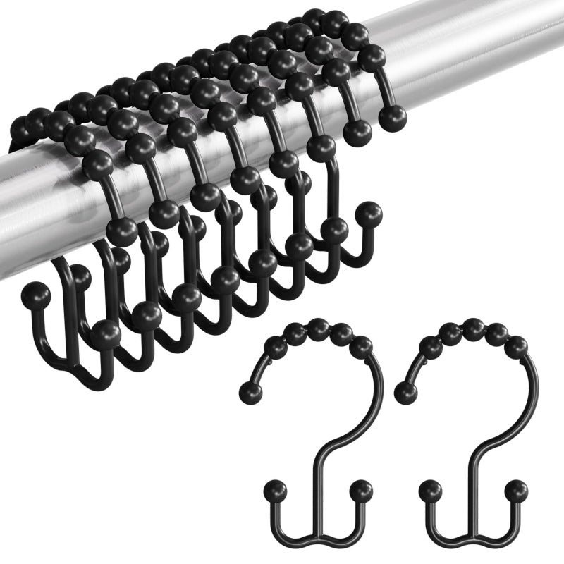 Amazer Shower Curtain Rings, Rust-Resistant Metal Double Shower Hooks for Curtain Rolling Shower Curtain Hooks Rings Shower Rings for Bathroom Shower Curtain Rod, Matte Black, Set of 12 Rings - Image 1